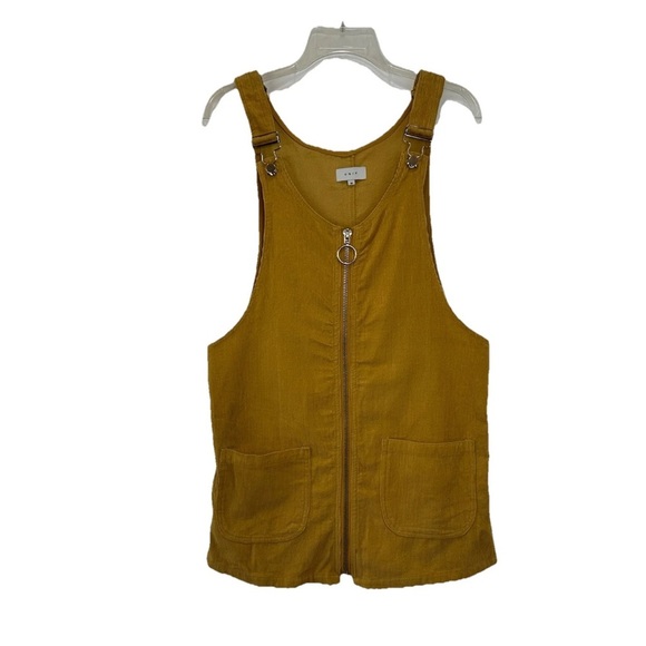 UNIF Mustard Yellow Corduroy Overall Mini Dress Women’s Medium Patch Pockets Zip - Picture 1 of 7